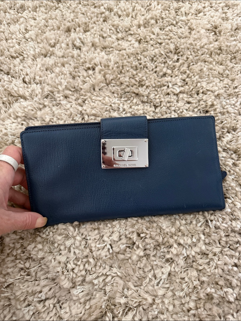 Michael Kors Navy Leather Wallet with Silver Turnlock Plate